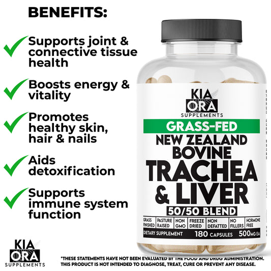 New Zealand Grass-Fed Bovine Trachea and Liver Capsules | Natural Collagen and Joint Support | 180 Count