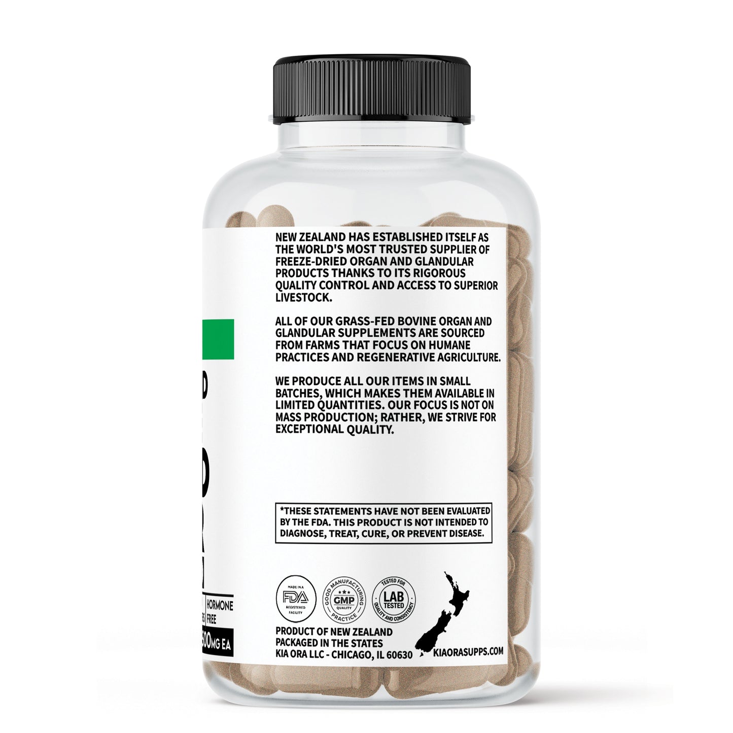 Supplement bottle with company description label on a white background