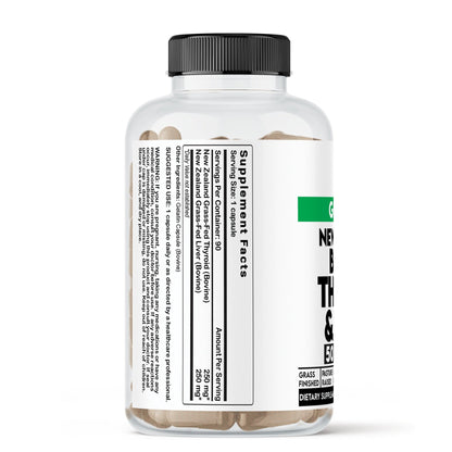 Beef thyroid Supplement bottle with supplement facts label on a white background