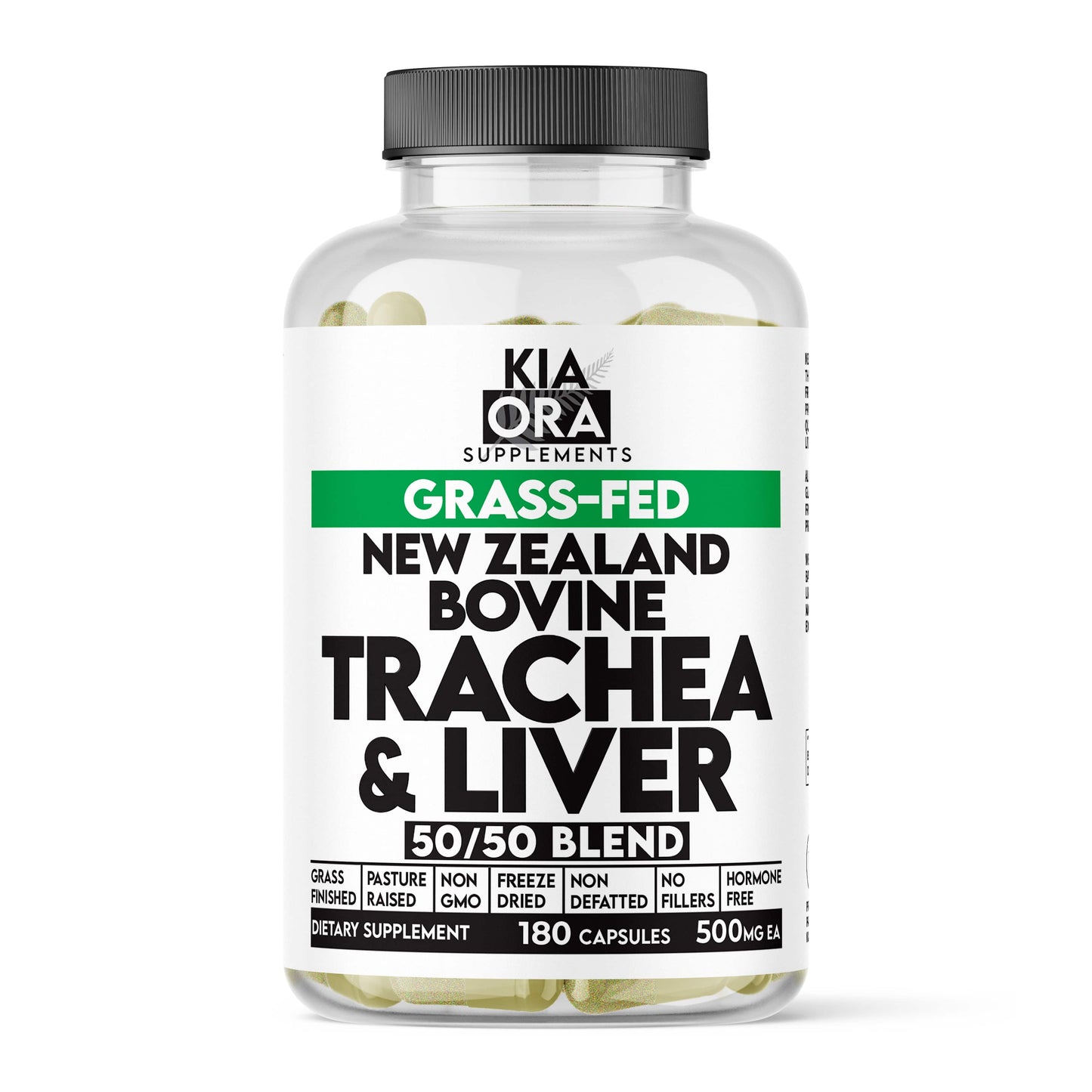 Supplement bottle labeled 'Kia Ora Supplements' with grass-fed, New Zealand bovine trachea & liver blend on a white background.