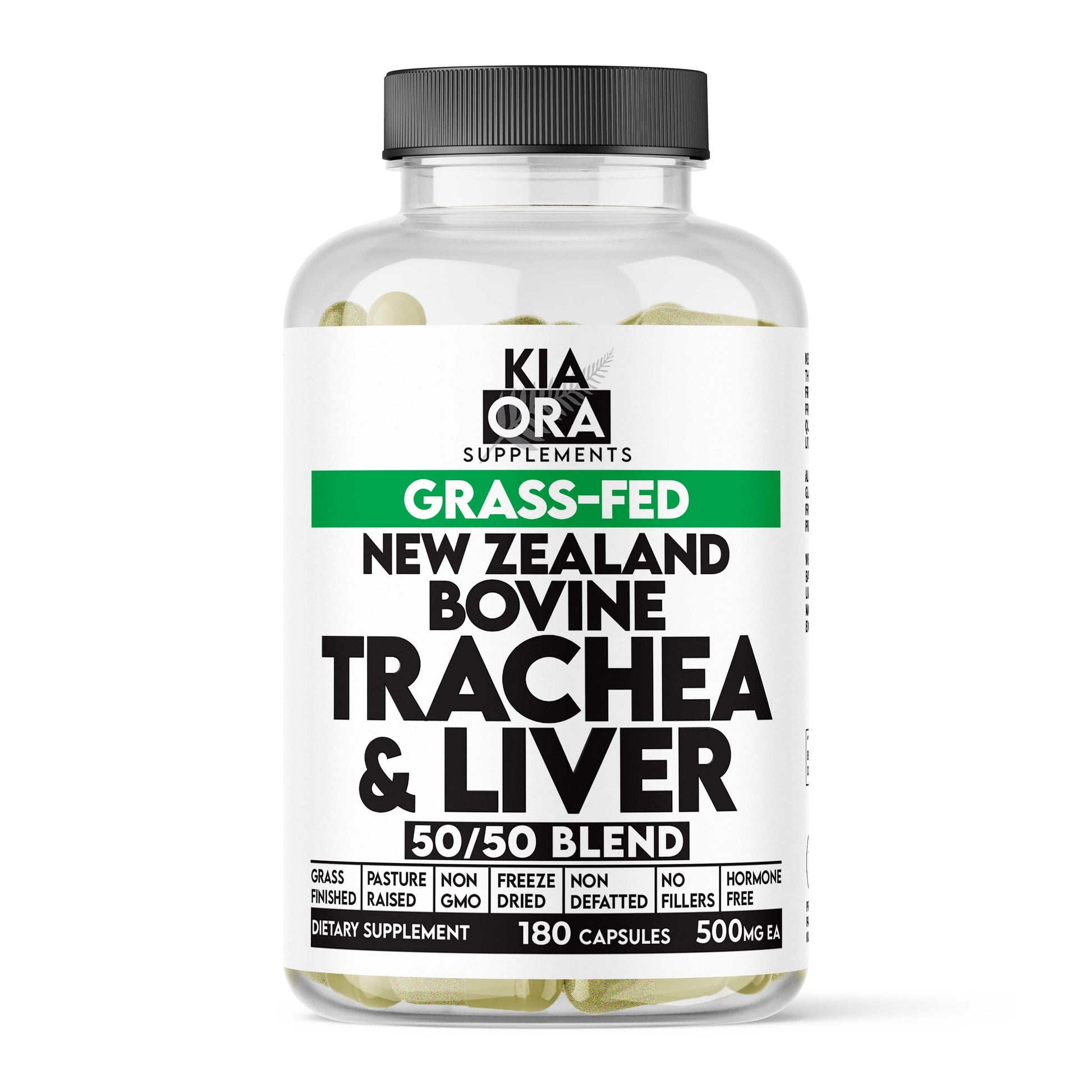 Supplement bottle labeled 'Kia Ora Supplements' with grass-fed, New Zealand bovine trachea & liver blend on a white background.