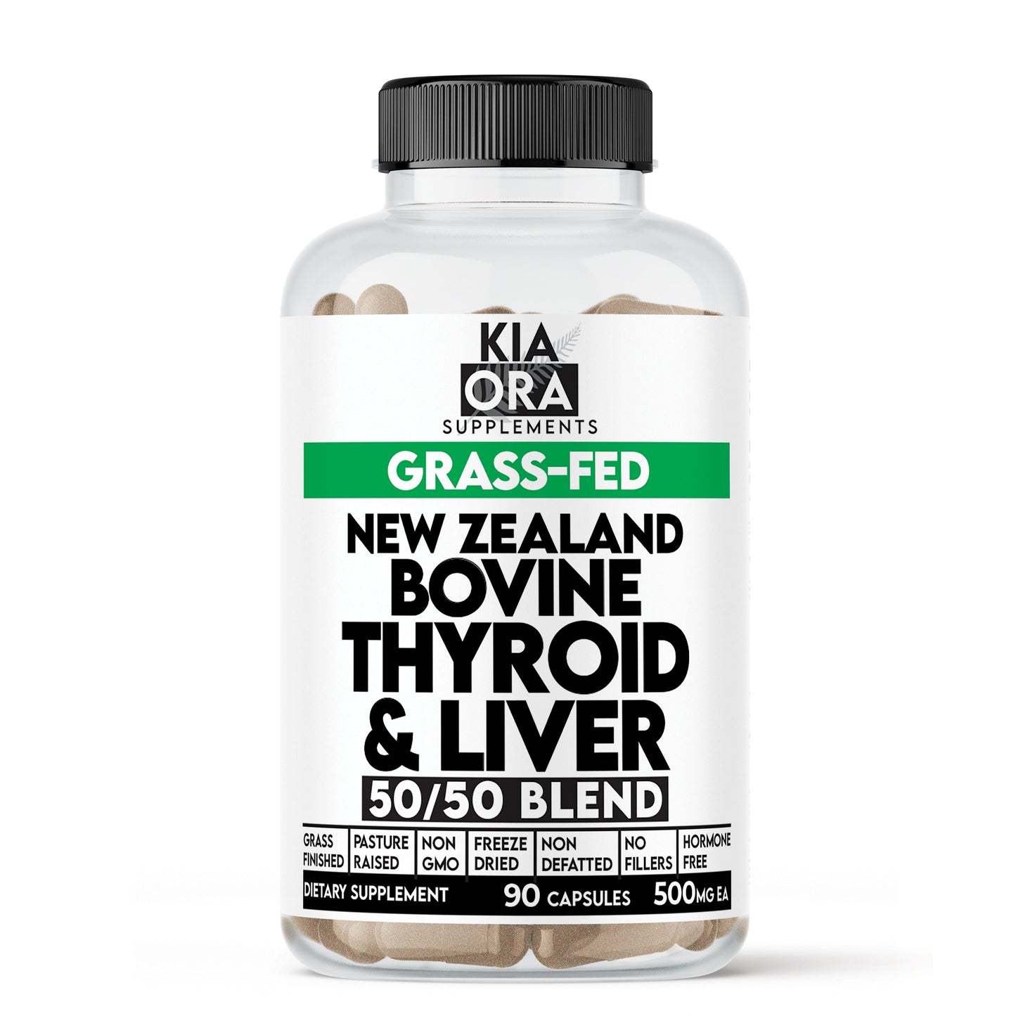 Supplement bottle labeled 'Kia Ora Supplements' with grass-fed New Zealand bovine thyroid and liver blend on a white background.