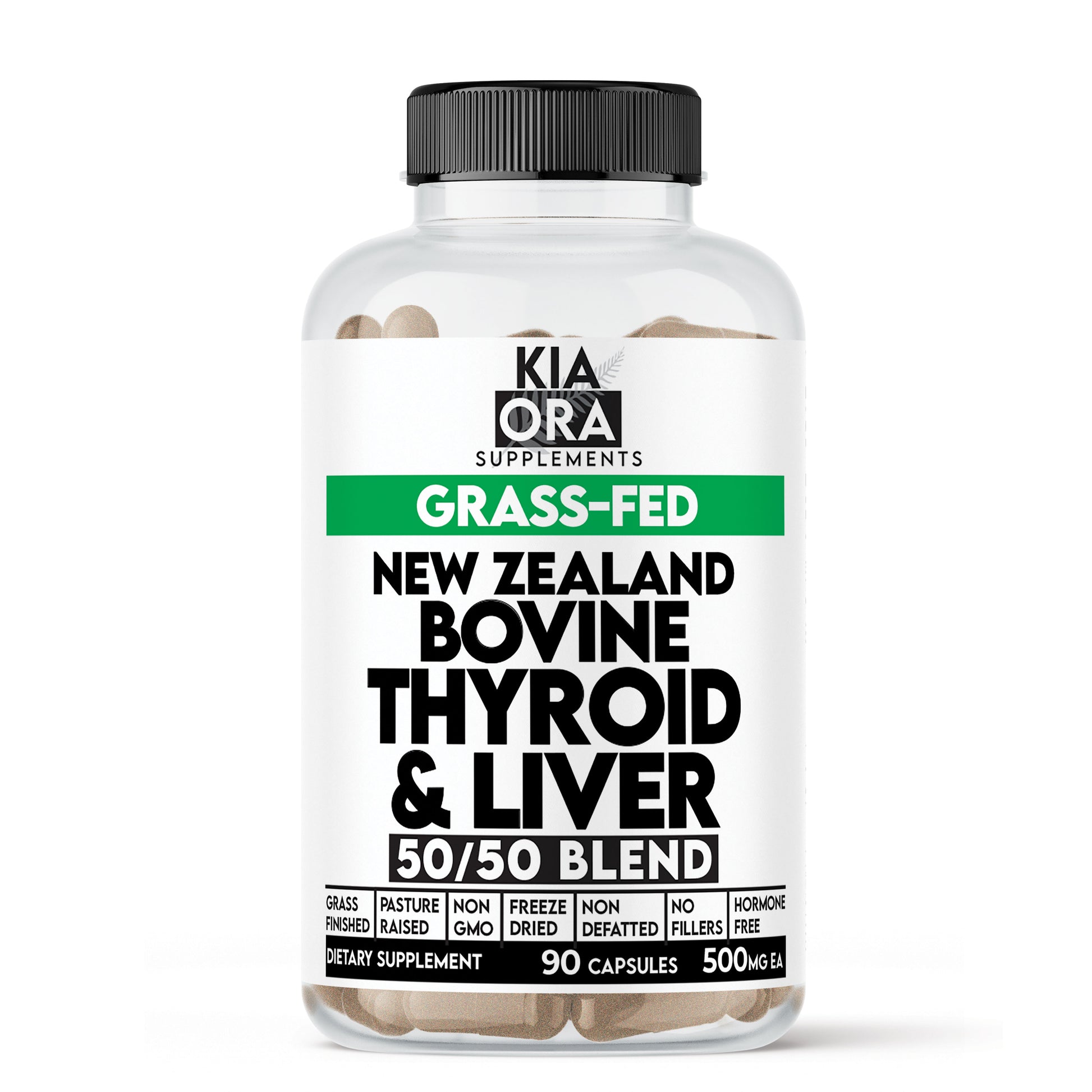 Supplement bottle labeled 'Kia Ora Supplements' with grass-fed New Zealand bovine thyroid and liver blend on a white background.