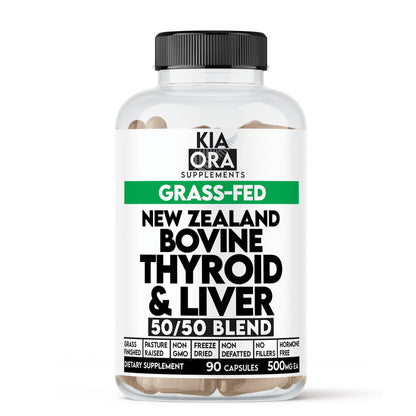 Supplement bottle labeled 'Kia Ora Supplements' with grass-fed New Zealand bovine thyroid and liver blend on a white background.
