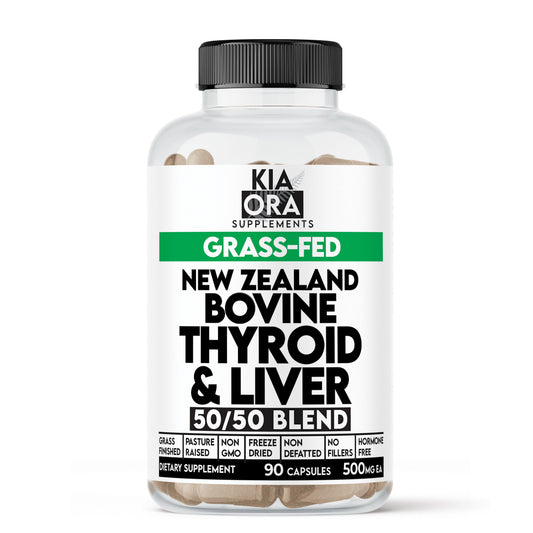 Supplement bottle labeled 'Kia Ora Supplements' with grass-fed New Zealand bovine thyroid and liver blend on a white background.