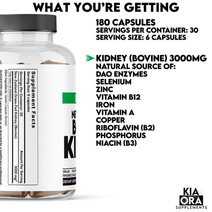 Bovine Kidney Supplement bottle with label and nutritional information on a white background