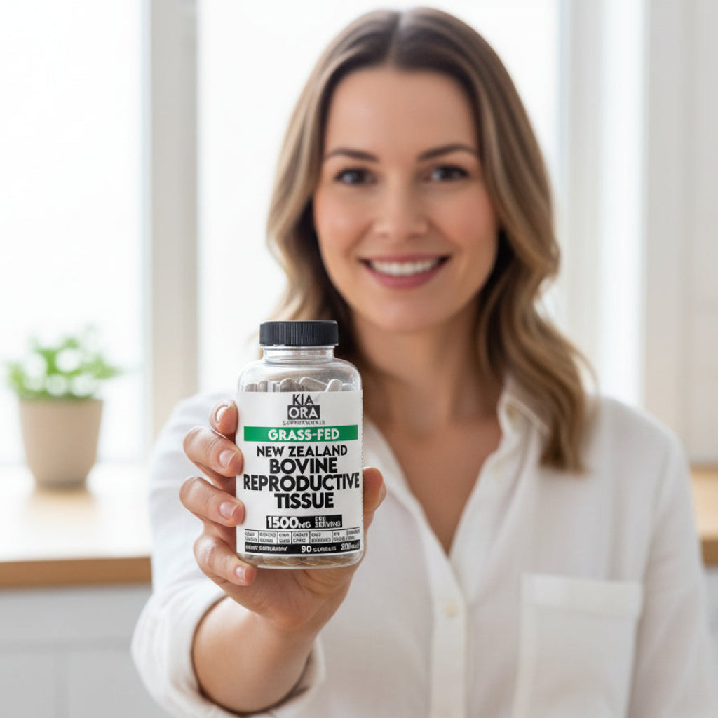 Woman holding a supplement bottle labeled 'Kiaora' in a bright indoor setting