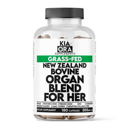 Supplement bottle labeled 'Kia Ora Supplements' with text about grass-fed New Zealand bovine organ blend for women.
