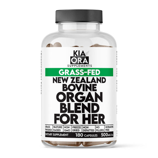 Supplement bottle labeled 'Kia Ora Supplements' with text about grass-fed New Zealand bovine organ blend for women.