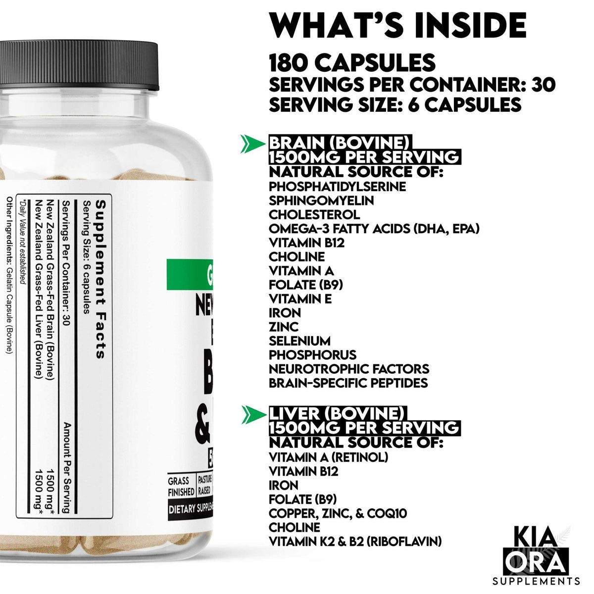 Bovine brain with liver Supplement bottle with nutritional information on a white background