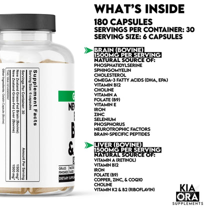 Bovine brain with liver Supplement bottle with nutritional information on a white background