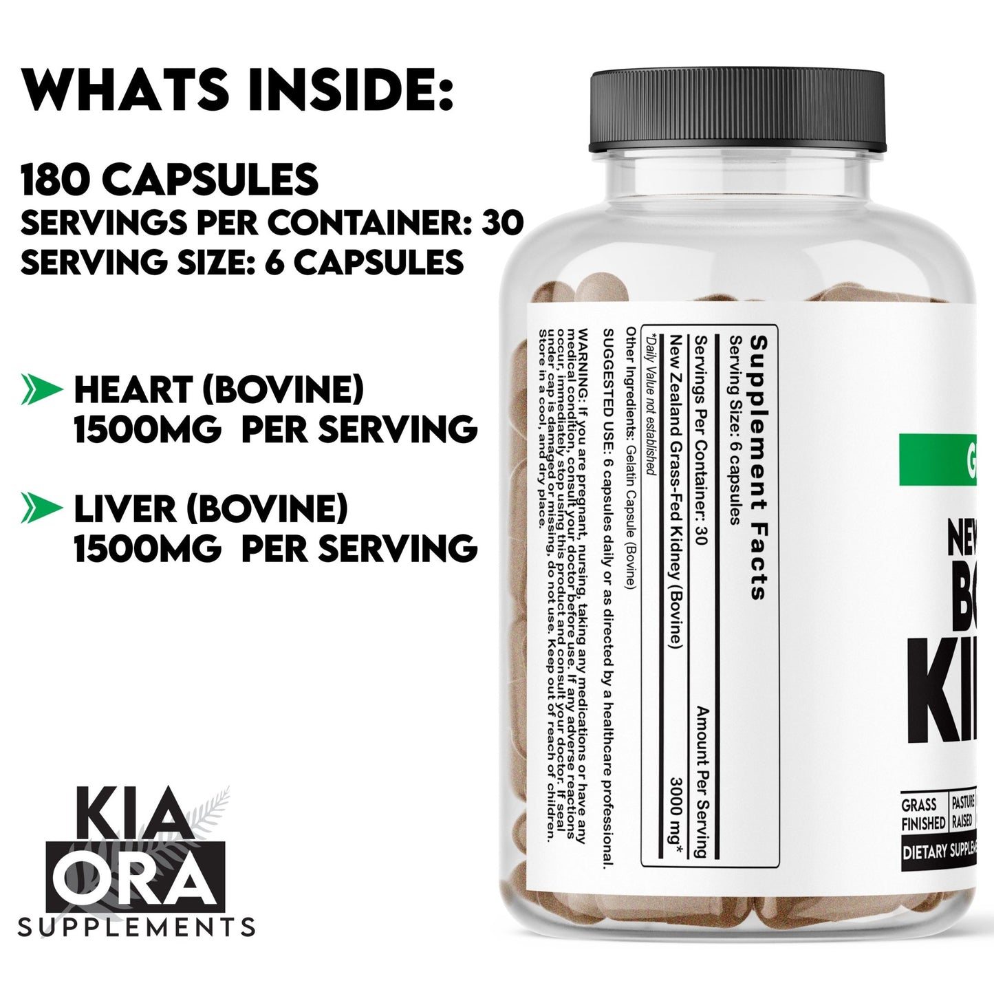 Grass - Fed Bovine Heart & Liver Supplement – New Zealand Sourced for Energy, Vitality & Nutrient Support. 180ct - KIA ORA LLC