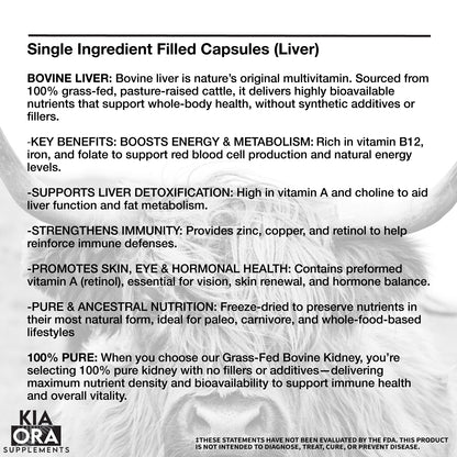 Grass-Fed Bovine Liver – Nutrient-Dense Organ Supplement | Natural Source of Vitamin A, B12, Iron & Energy Support. 180ct