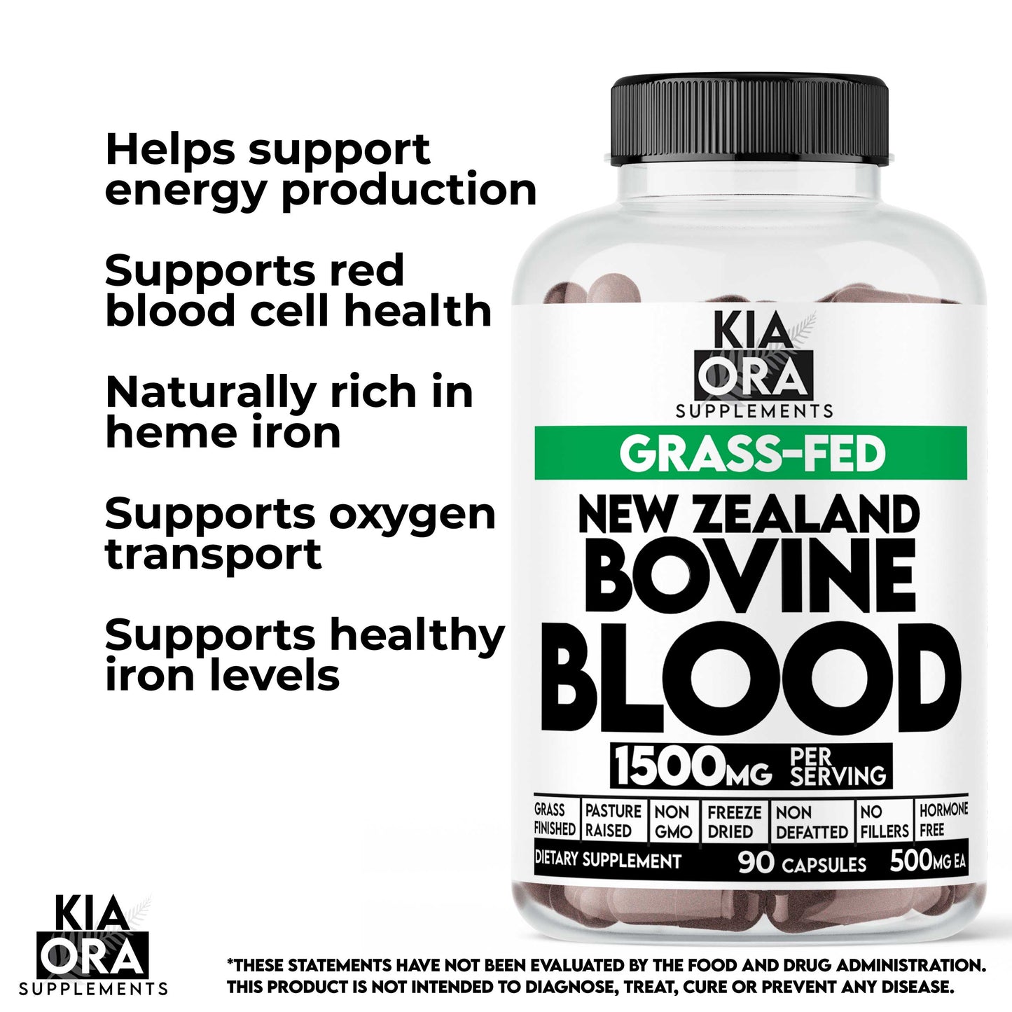 Bottle of Kia Ora Supplements New Zealand Bovine Blood with text highlighting benefits on a white background