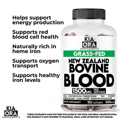 Bottle of Kia Ora Supplements New Zealand Bovine Blood with text highlighting benefits on a white background