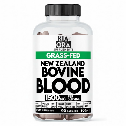 Supplement bottle labeled 'Kia Ora Supplements' with 'Grass-Fed New Zealand Bovine Blood' on a white background.