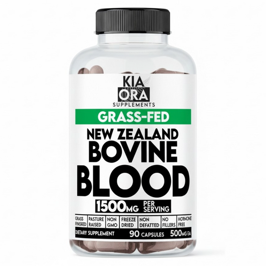 Supplement bottle labeled 'Kia Ora Supplements' with 'Grass-Fed New Zealand Bovine Blood' on a white background.