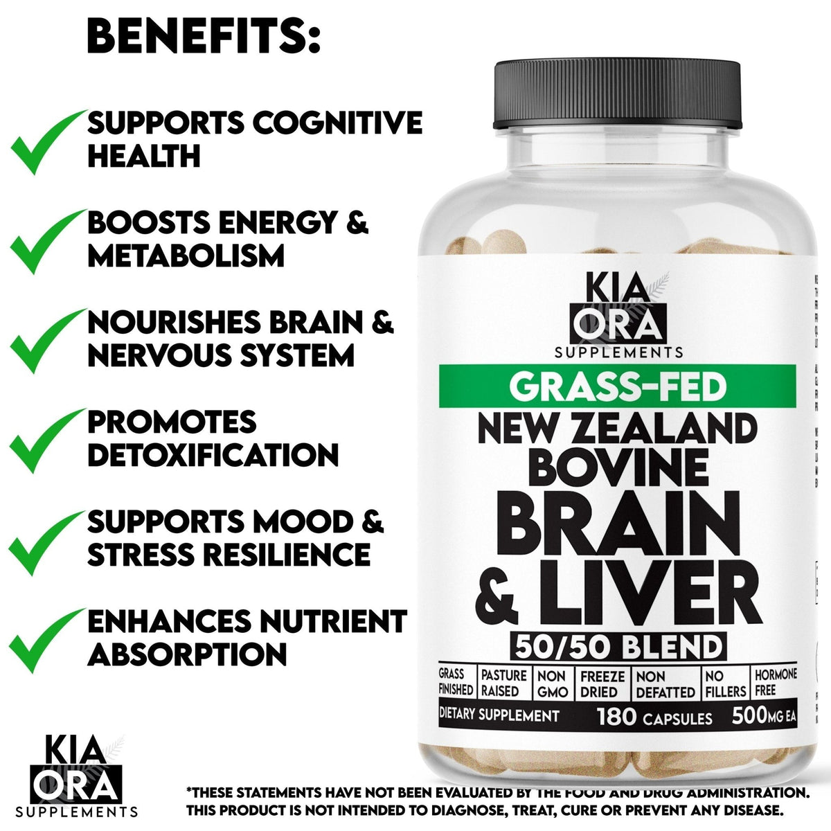 Kia Ora Supplements Grass-Fed New Zealand Bovine Brain & Liver supplement bottle with benefits listed.