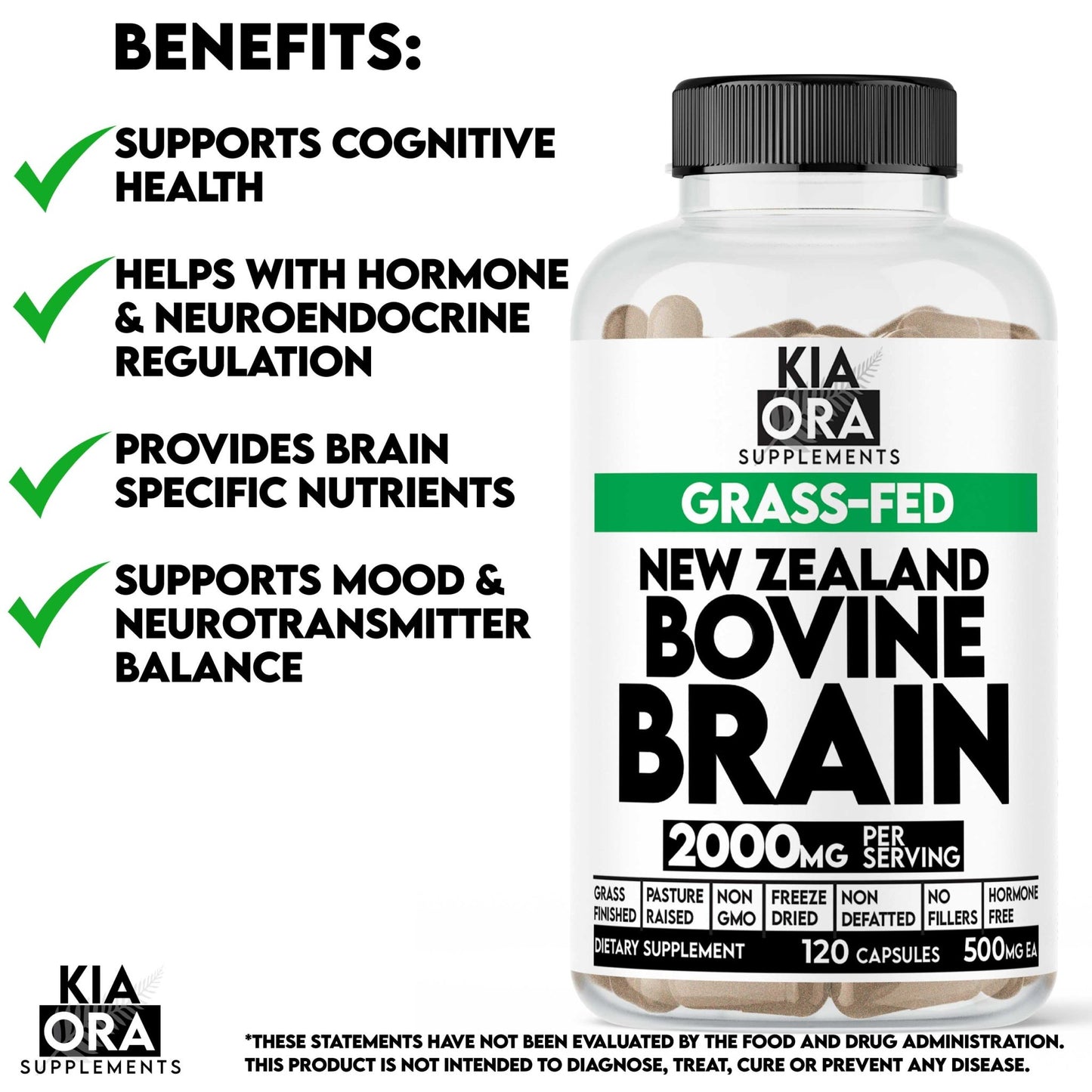 Kia Ora Supplements New Zealand Bovine Brain supplement bottle with benefits listed on a white background