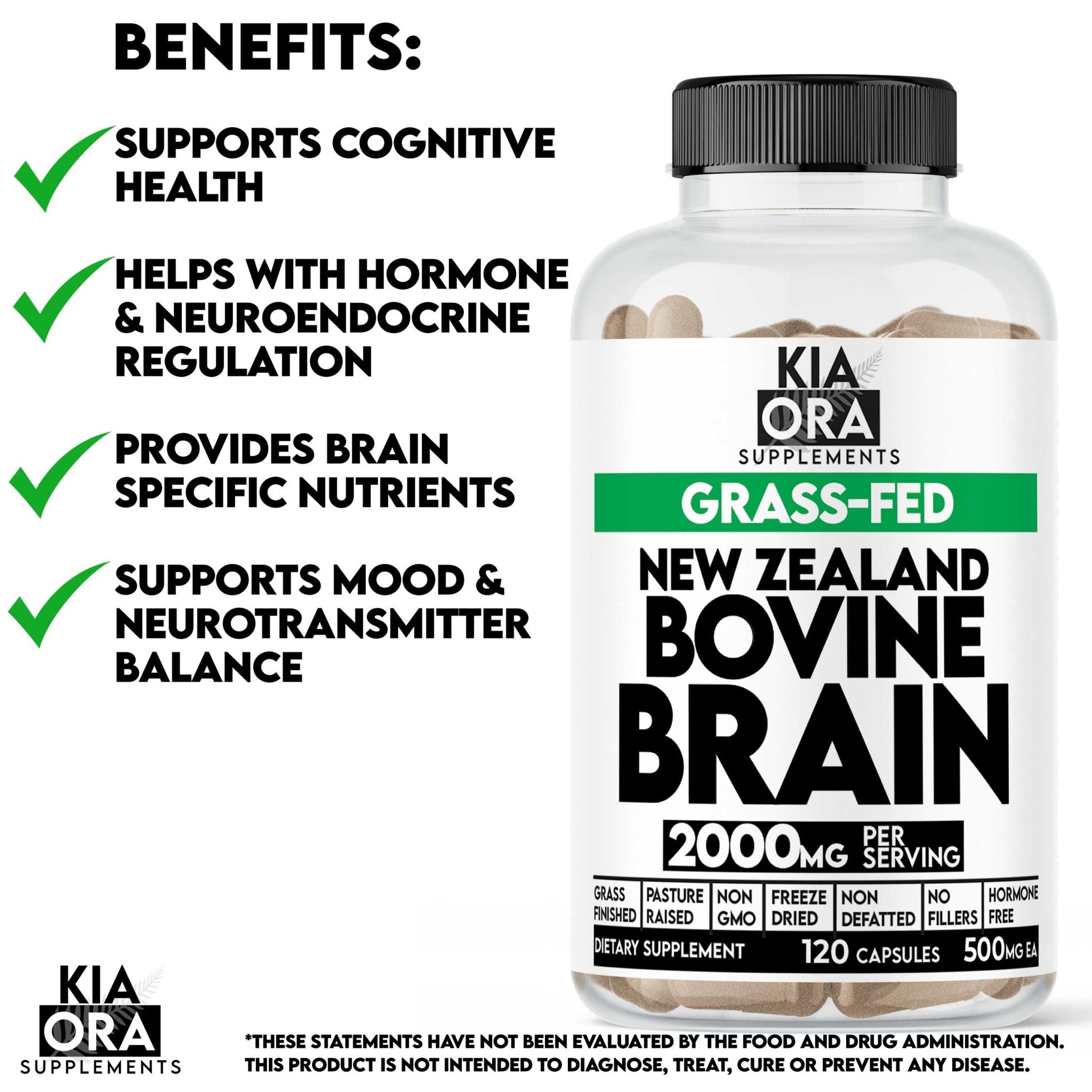 Kia Ora Supplements New Zealand Bovine Brain supplement bottle with benefits listed on a white background