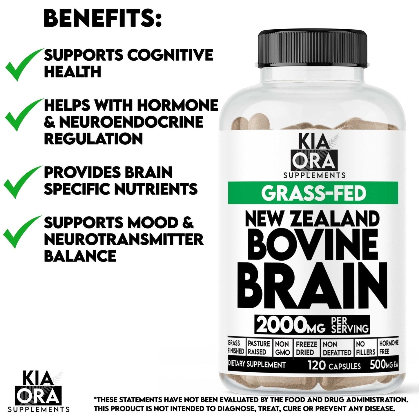 Kia Ora Supplements New Zealand Bovine Brain supplement bottle with benefits listed on a white background