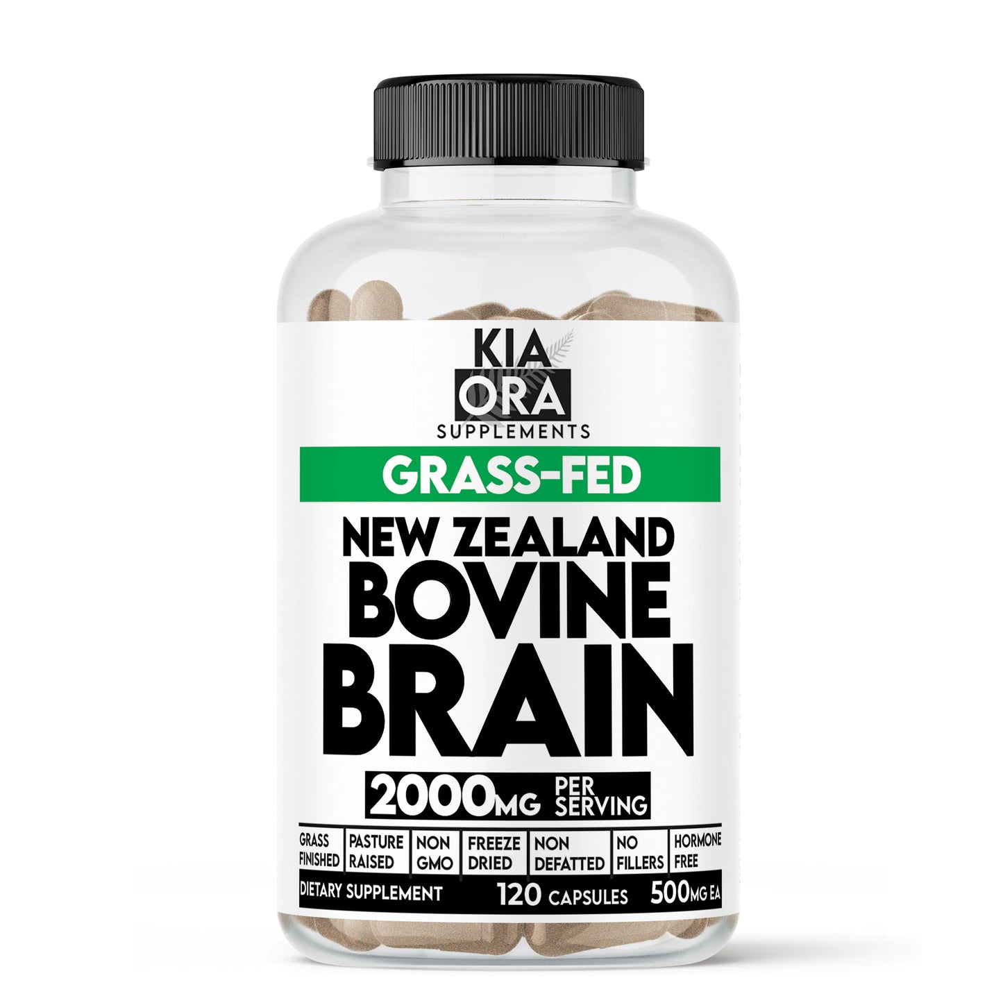 Supplement bottle labeled 'New Zealand Bovine Brain' by Kia Ora Supplements on a white background