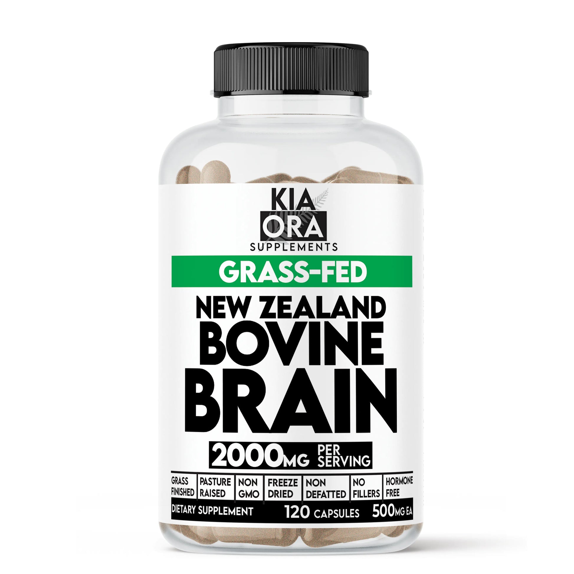 Supplement bottle labeled 'New Zealand Bovine Brain' by Kia Ora Supplements on a white background