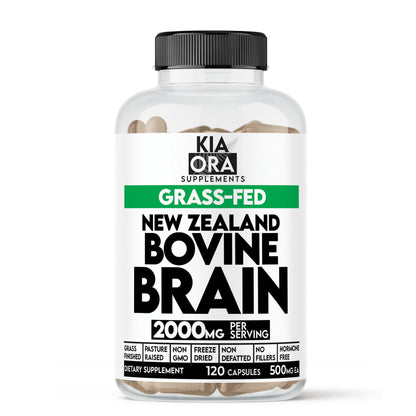 Supplement bottle labeled 'New Zealand Bovine Brain' by Kia Ora Supplements on a white background