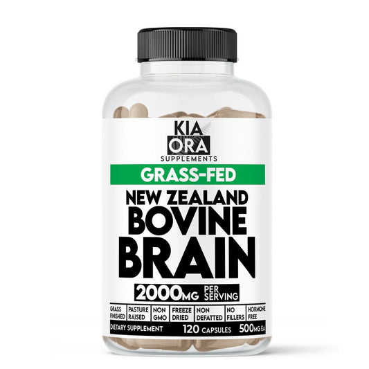 Supplement bottle labeled 'New Zealand Bovine Brain' by Kia Ora Supplements on a white background