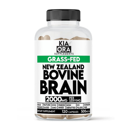 Supplement bottle labeled 'New Zealand Bovine Brain' by Kia Ora Supplements on a white background