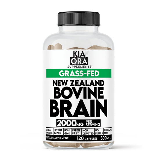 Supplement bottle labeled 'New Zealand Bovine Brain' by Kia Ora Supplements on a white background