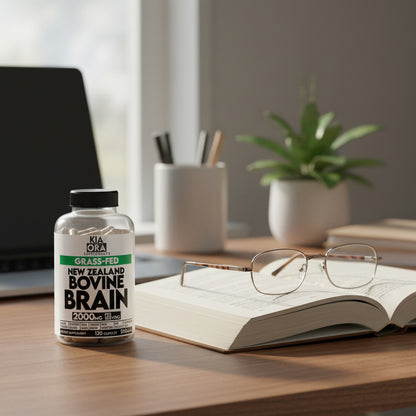 Bottle of KI A ORA Grass-Fed New Zealand Bovine Brain on a desk with an open book and glasses.