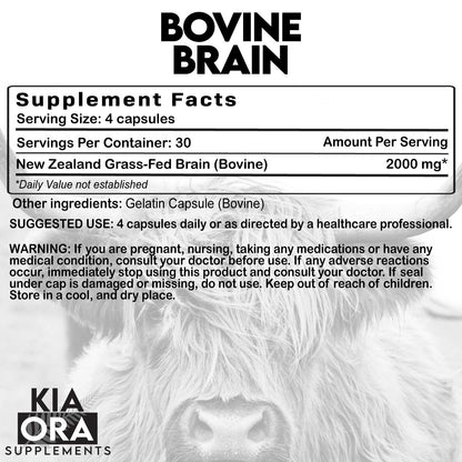 Supplement label for bovine brain with a cow's face in the background, featuring Kia Ora Supplements branding.
