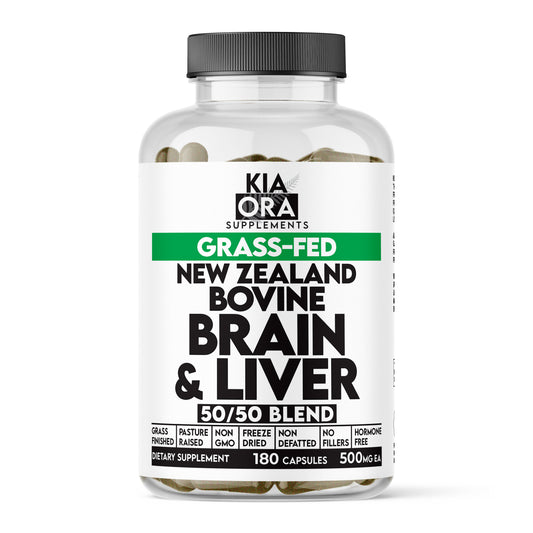 Supplement bottle labeled 'Kia Ora Supplements' with 'Grass-Fed New Zealand Bovine Brain & Liver 50/50 Blend' on a white background.