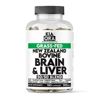 Supplement bottle labeled 'Kia Ora Supplements' with 'Grass-Fed New Zealand Bovine Brain & Liver 50/50 Blend' on a white background.