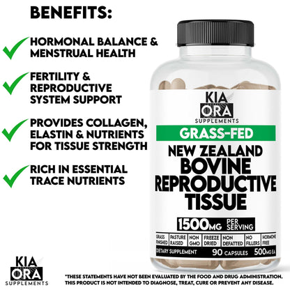 Beef Female reproductive tissue Supplement bottle labeled 'Kia Ora Supplements' with text detailing benefits