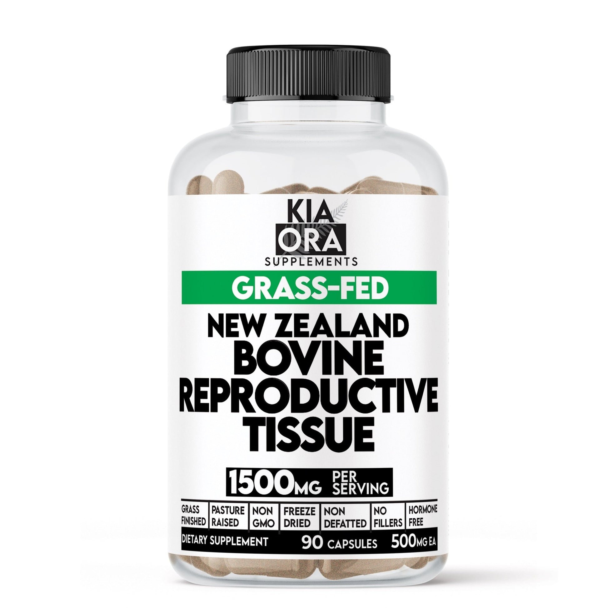 Supplement bottle labeled 'Kia Ora Supplements' with text about grass-fed New Zealand bovine female reproductive tissue.
