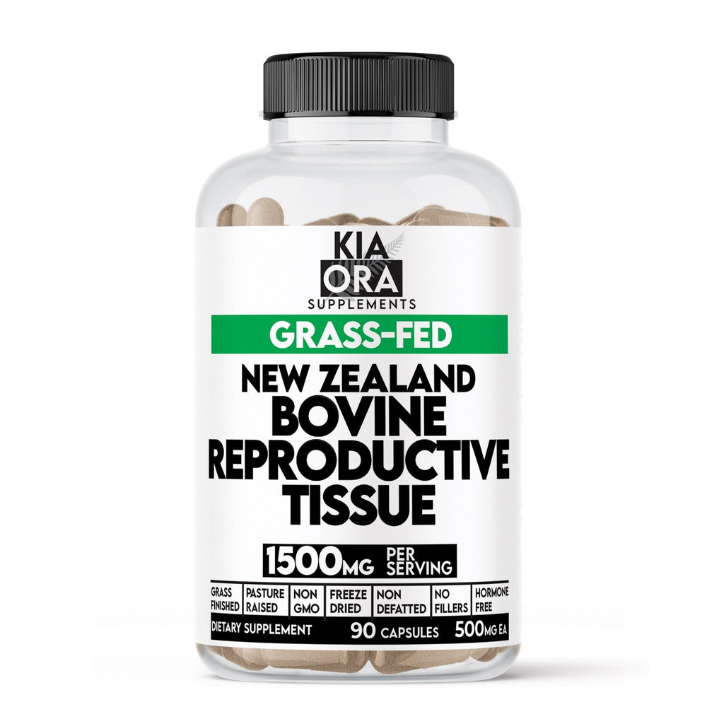 Supplement bottle labeled 'Kia Ora Supplements' with text about grass-fed New Zealand bovine female reproductive tissue.
