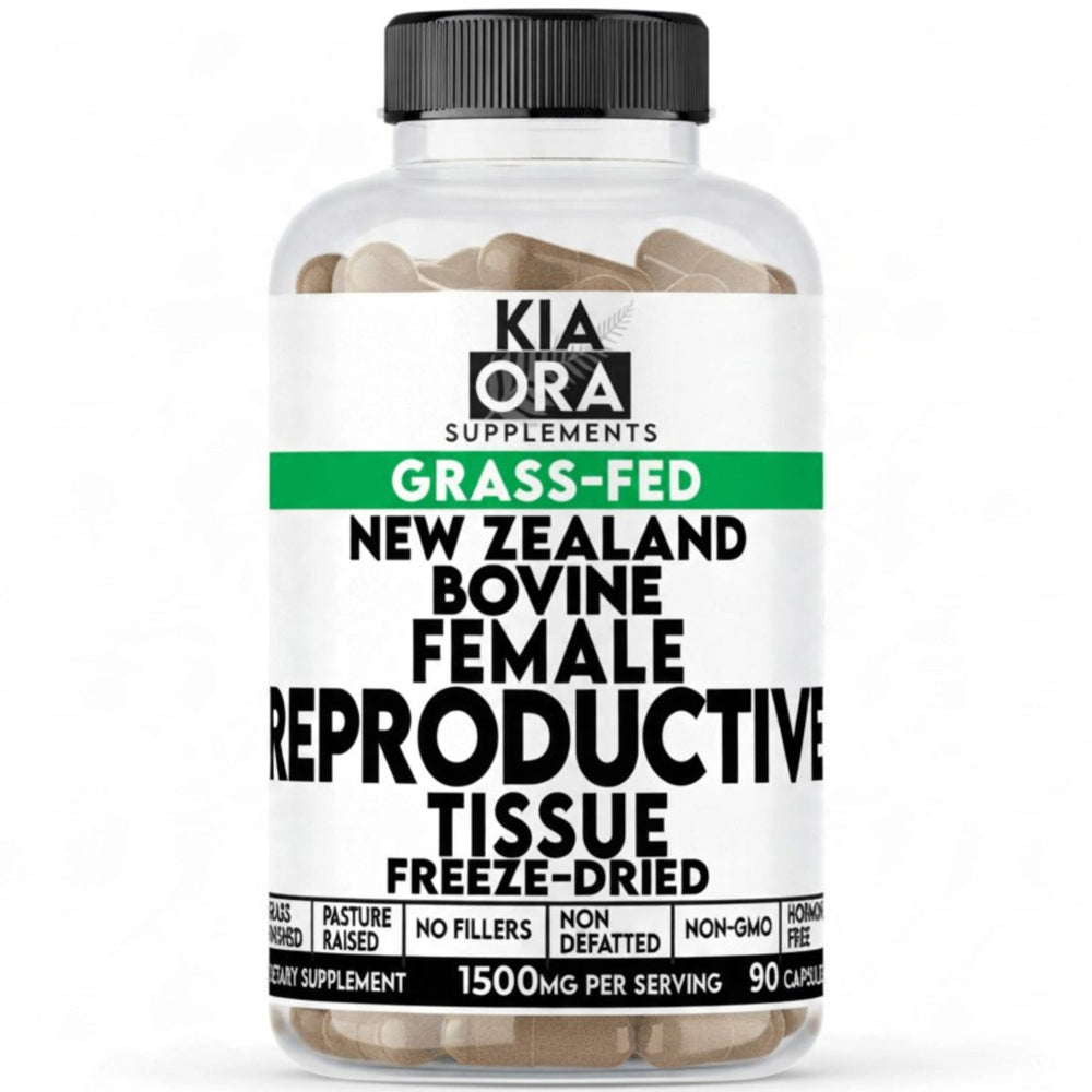 A bottle of Kia Ora Supplements Grass-Fed New Zealand Bovine Female Reproductive Tissue Freeze-Dried capsules, featuring a white label with black and green text and a black cap, on a white background.