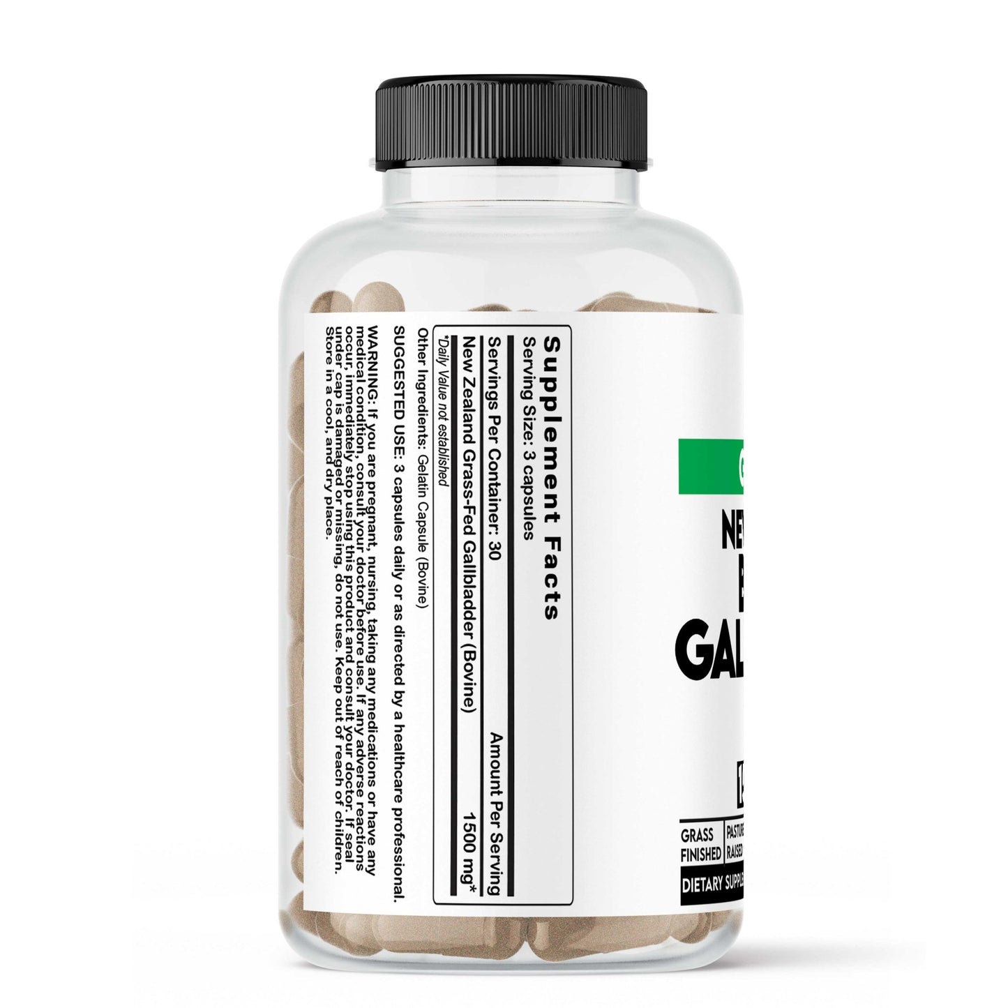 beef gallbladder Supplement bottle with supplement facts label on a white background