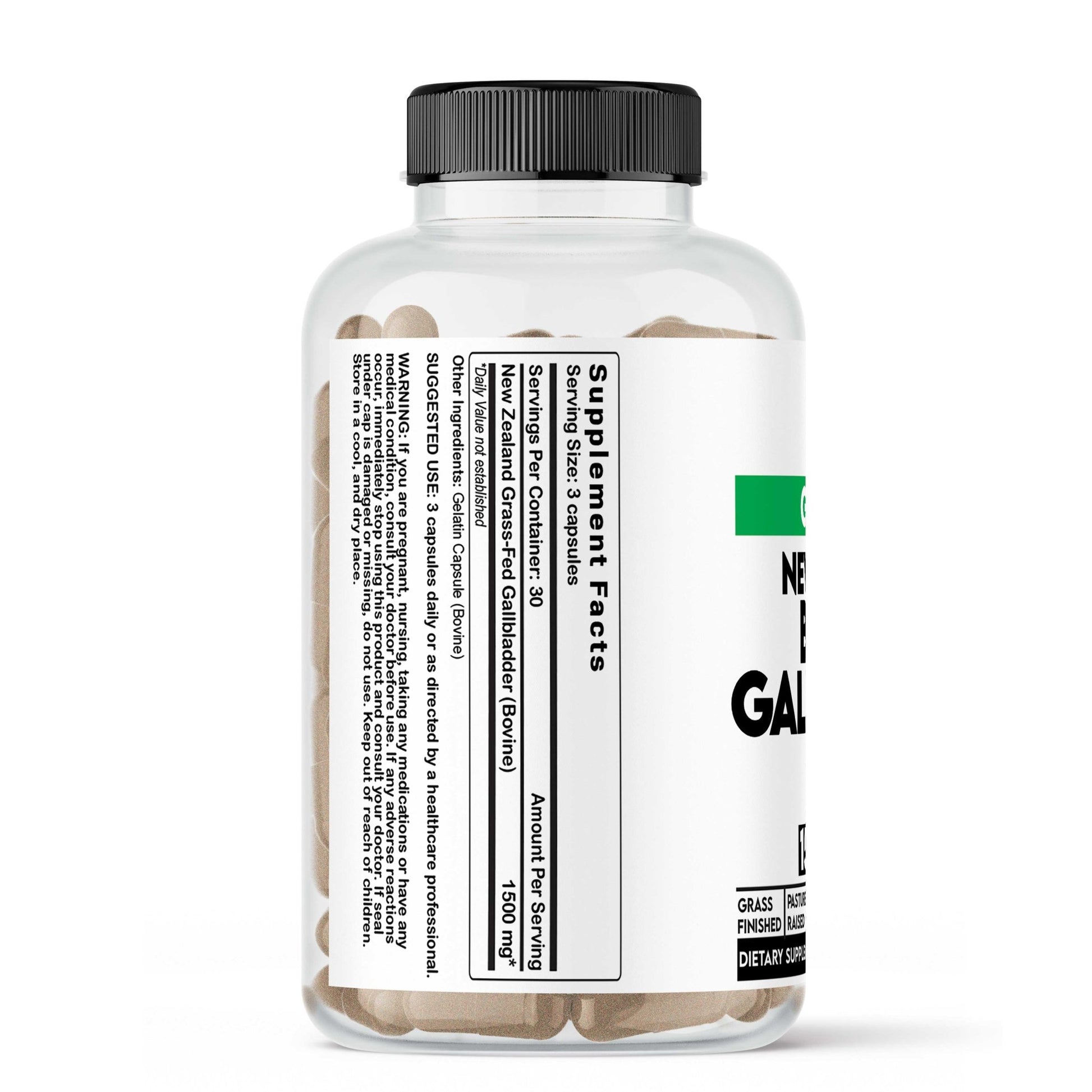 beef gallbladder Supplement bottle with supplement facts label on a white background