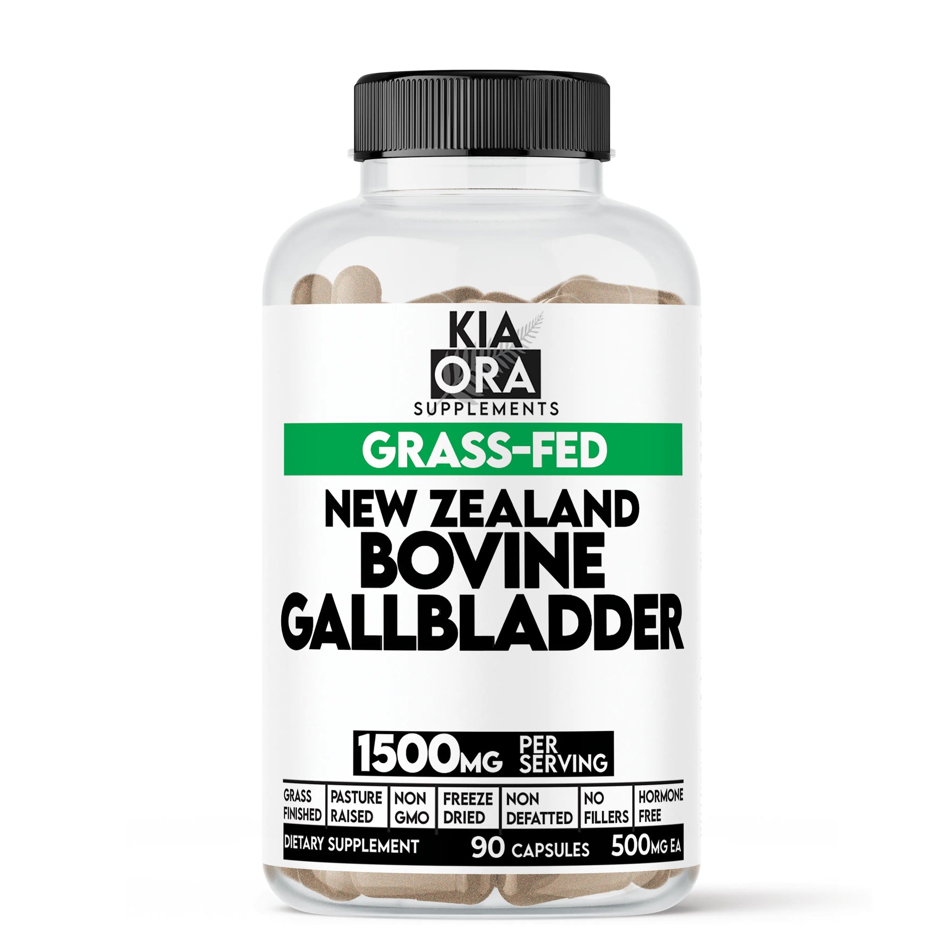 Supplement bottle labeled 'Kia Ora Supplements' with grass-fed New Zealand bovine gallbladder on a white background