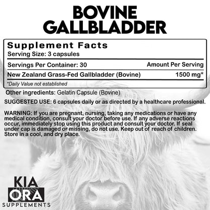 beef gallbladder Supplement facts label for bovine gallbladder with a cow's face in the background