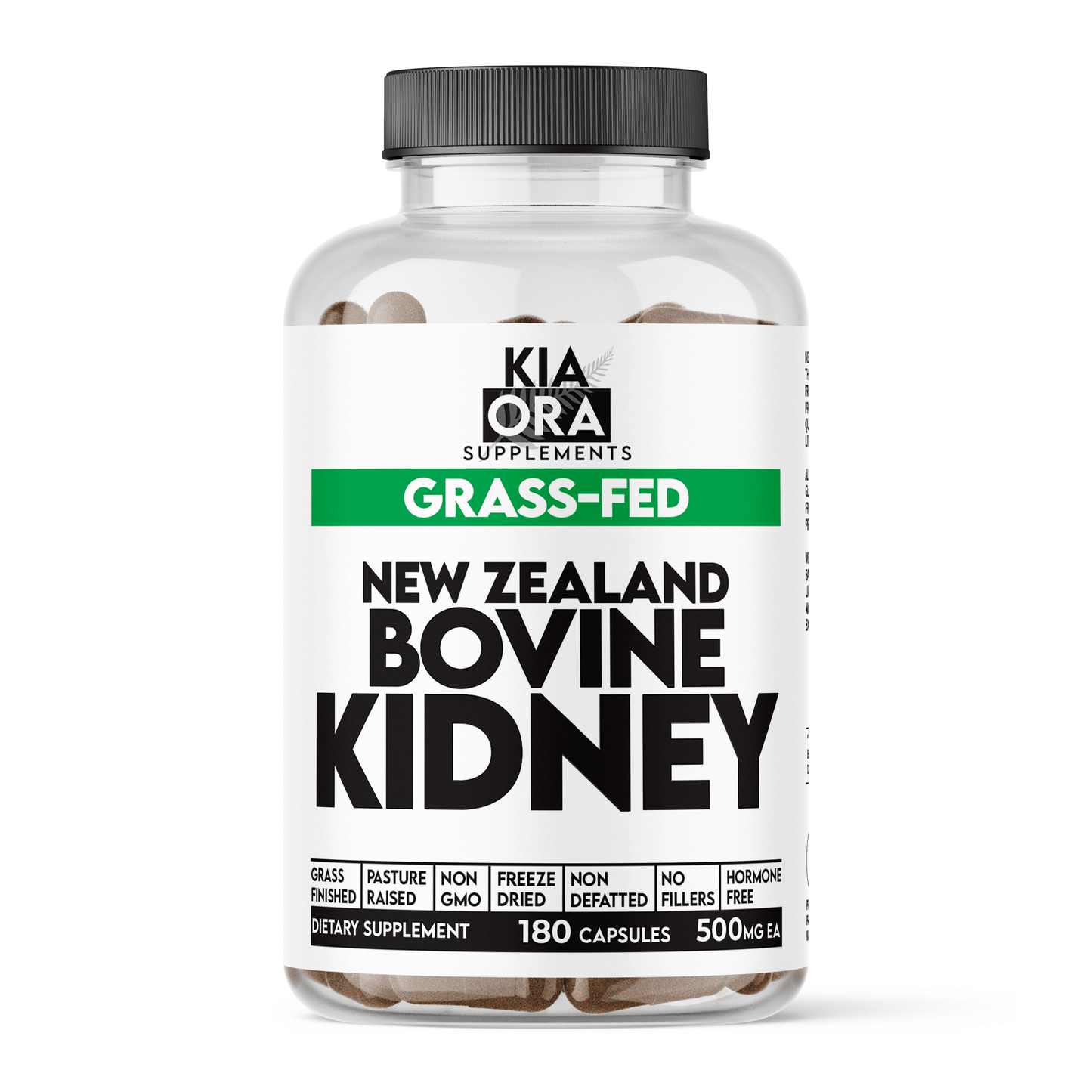 Supplement bottle labeled 'New Zealand Bovine Kidney' by Kia Ora Supplements on a white background
