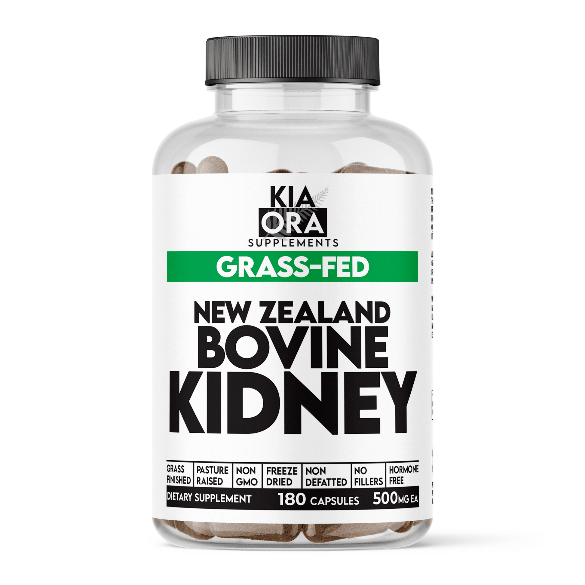 Supplement bottle labeled 'New Zealand Bovine Kidney' by Kia Ora Supplements on a white background