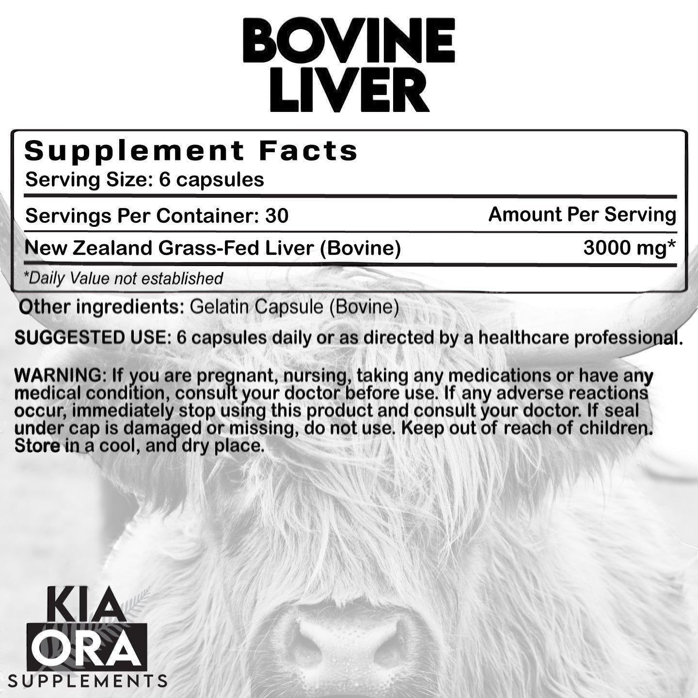 Grass - Fed Bovine Liver – Nutrient - Dense Organ Supplement | Natural Source of Vitamin A, B12, Iron & Energy Support. 180ct - KIA ORA LLC