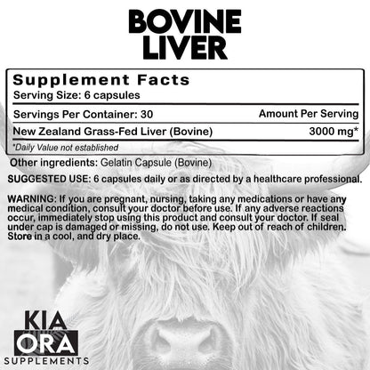 Grass - Fed Bovine Liver – Nutrient - Dense Organ Supplement | Natural Source of Vitamin A, B12, Iron & Energy Support. 180ct - KIA ORA LLC