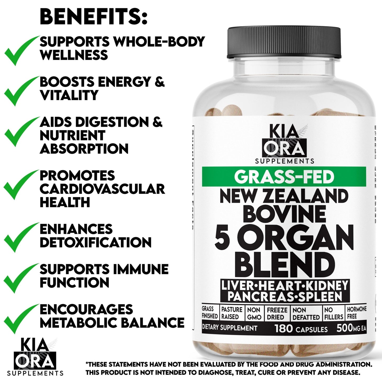 Kia Ora Supplements Grass-Fed New Zealand Bovine 5 Organ Blend bottle with benefits listed on a white background