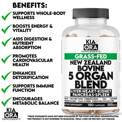 Kia Ora Supplements Grass-Fed New Zealand Bovine 5 Organ Blend bottle with benefits listed on a white background