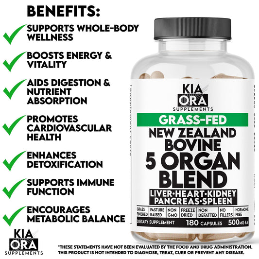 Kia Ora Supplements Grass-Fed New Zealand Bovine 5 Organ Blend bottle with benefits listed on a white background